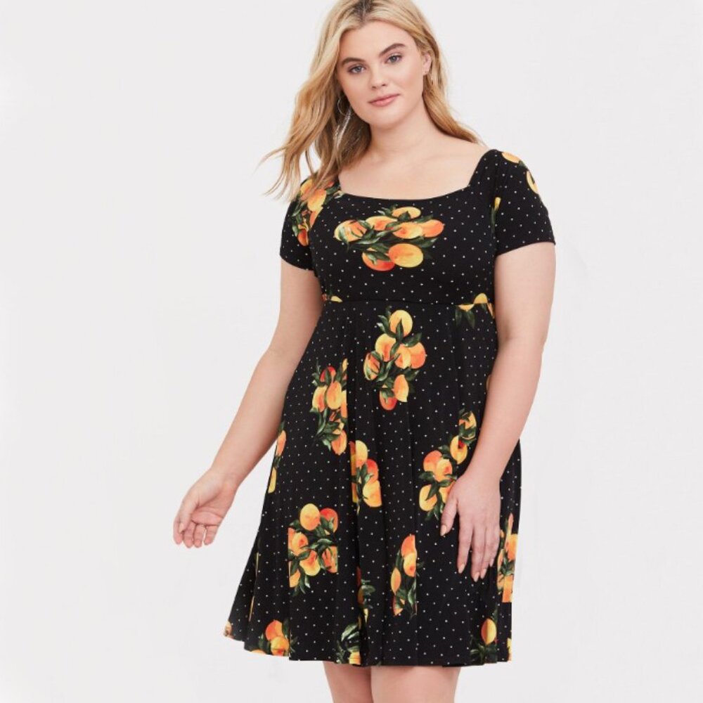 Torrid Black Orange Citrus RetrPolka Dot Studio Knit Skater Dress Size 0 Cute 🍊